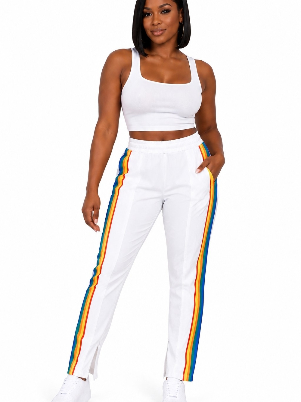 White Rainbow Stripe Track Pants Fitted Athletic Side Zip Pants - Women's Pants